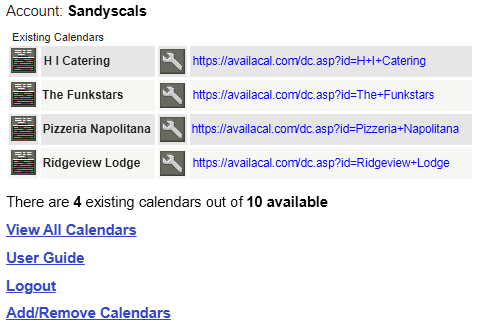 A Screenshot of the management control panel listing the  calendars and options